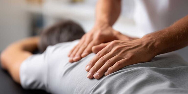 Person receiving a careful spine assessment while pointing to pain spreading from the lower back into the leg.